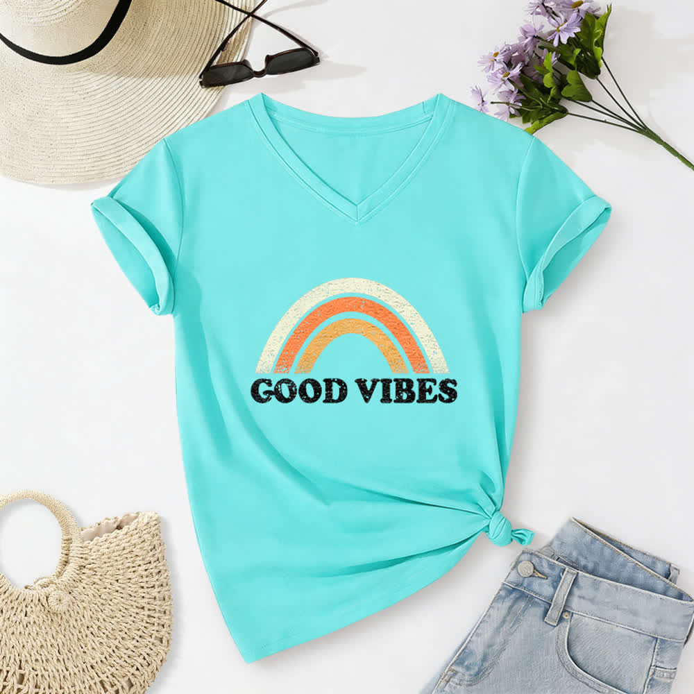 Christianartworkshop Good Vibes Retro Rainbow Heather Damen-T-Shirt mit V-Ausschnitt - Blau - 2XL - image 19