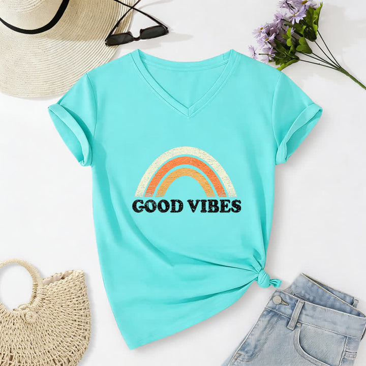 Christianartworkshop Good Vibes Retro Rainbow Heather Damen-T-Shirt mit V-Ausschnitt - Blau - 2XL - image 19