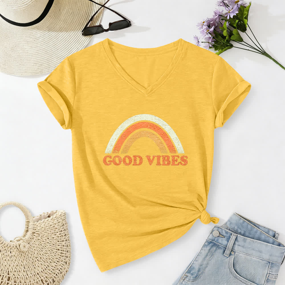 Christianartworkshop Good Vibes Retro Rainbow Heather Damen-T-Shirt mit V-Ausschnitt - Gelb - 2XL - image 22