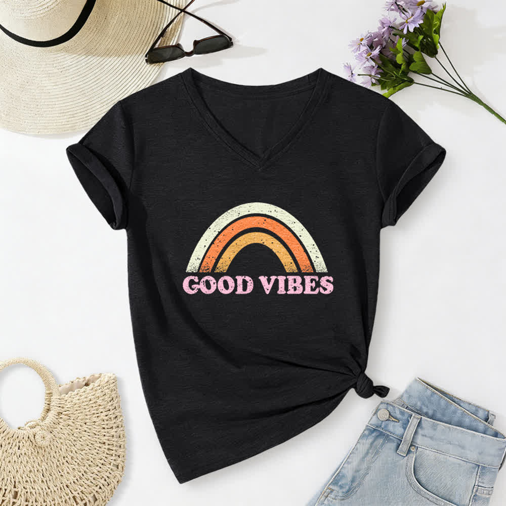 Christianartworkshop Good Vibes Retro Rainbow Heather Damen-T-Shirt mit V-Ausschnitt - Schwarz - 2XL - image 14