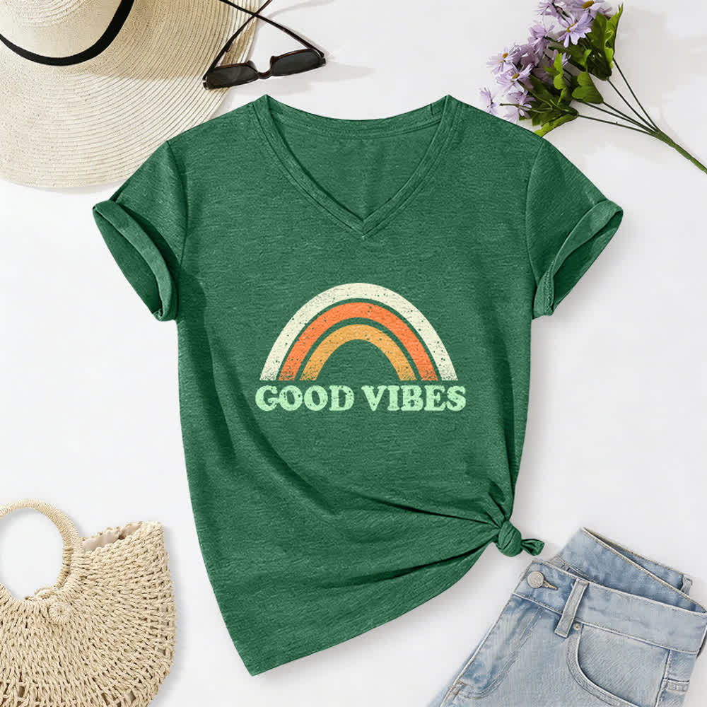 Christianartworkshop Good Vibes Retro Rainbow Heather Damen-T-Shirt mit V-Ausschnitt - image 12