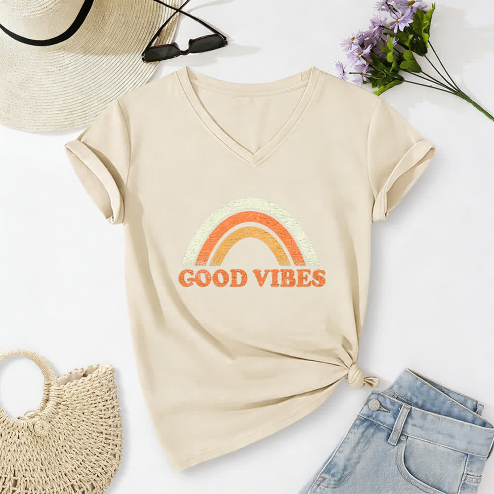 Christianartworkshop Good Vibes Retro Rainbow Heather Damen-T-Shirt mit V-Ausschnitt - Beige - 2XL - image 2
