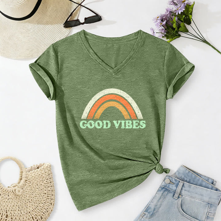 Christianartworkshop Good Vibes Retro Rainbow Heather Damen-T-Shirt mit V-Ausschnitt - image 9