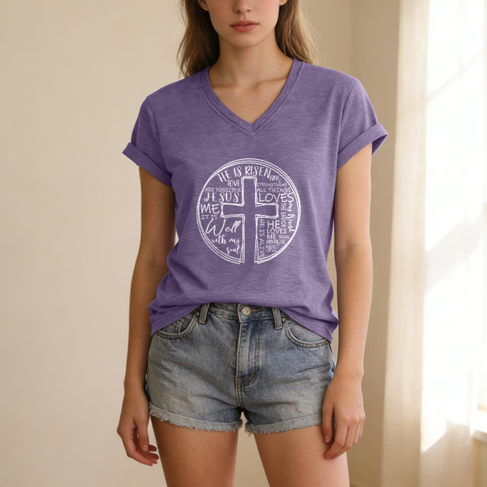 Christianartworkshop Damen-T-Shirt mit V-Ausschnitt und Kreuz- und Kreismotiv aus weicher Baumwolle - image 19
