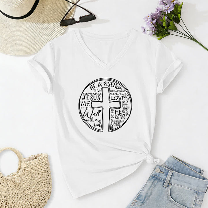 Christianartworkshop Damen-T-Shirt mit V-Ausschnitt und Kreuz- und Kreismotiv aus weicher Baumwolle - image 5