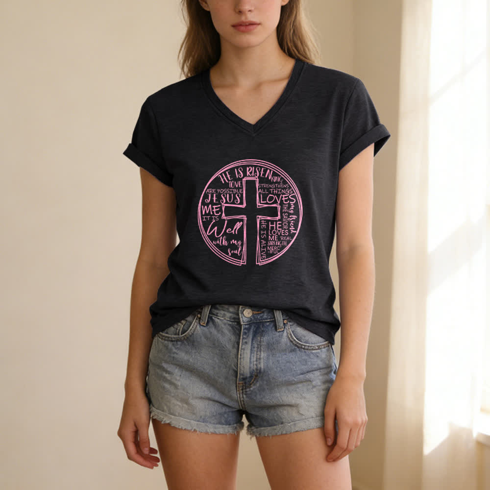 Christianartworkshop Damen-T-Shirt mit V-Ausschnitt und Kreuz- und Kreismotiv aus weicher Baumwolle - image 15