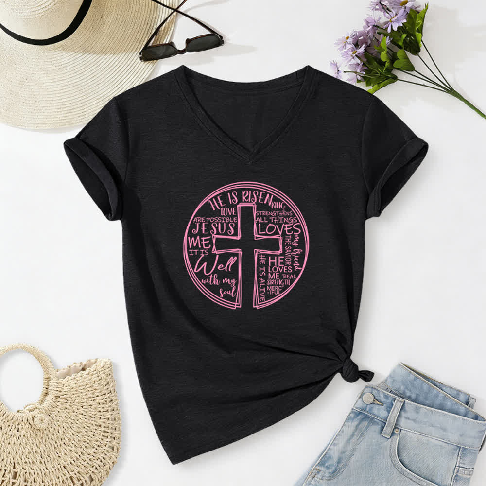 Christianartworkshop Damen-T-Shirt mit V-Ausschnitt und Kreuz- und Kreismotiv aus weicher Baumwolle - Schwarz - 2XL - image 14