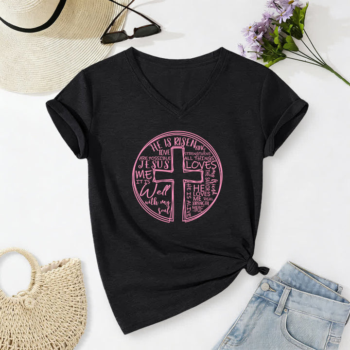 Christianartworkshop Damen-T-Shirt mit V-Ausschnitt und Kreuz- und Kreismotiv aus weicher Baumwolle - Schwarz - 2XL - image 14