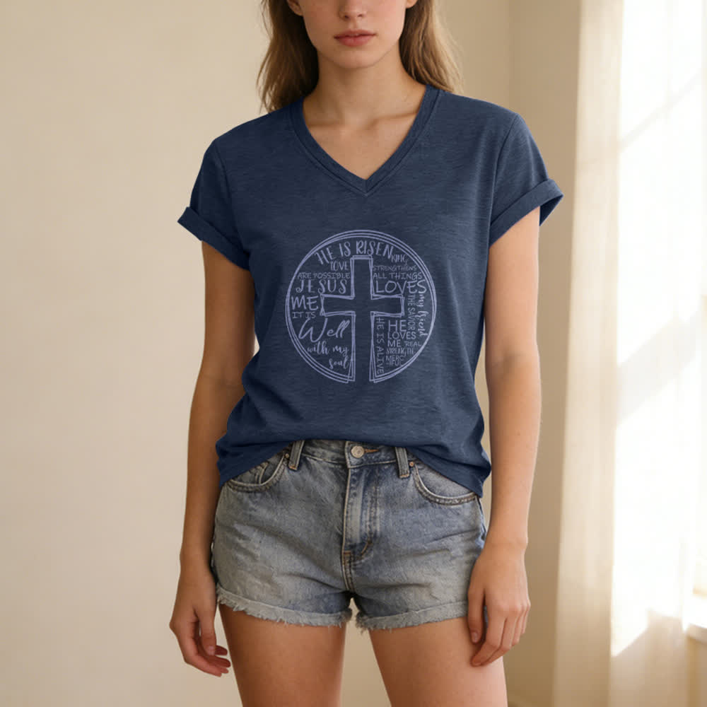 Christianartworkshop Damen-T-Shirt mit V-Ausschnitt und Kreuz- und Kreismotiv aus weicher Baumwolle - image 11