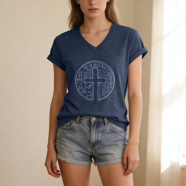 Christianartworkshop Damen-T-Shirt mit V-Ausschnitt und Kreuz- und Kreismotiv aus weicher Baumwolle - image 11