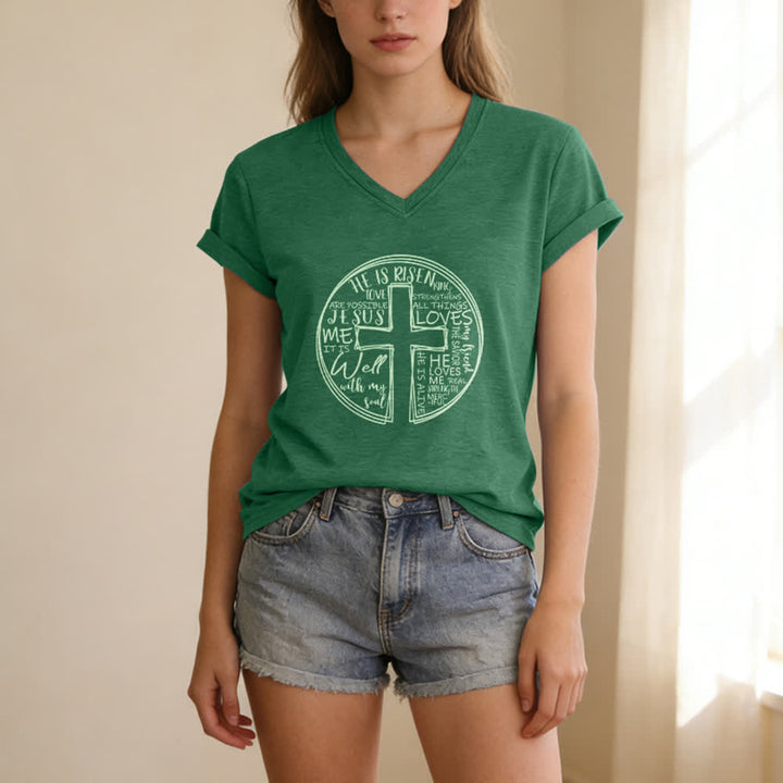Christianartworkshop Damen-T-Shirt mit V-Ausschnitt und Kreuz- und Kreismotiv aus weicher Baumwolle - image 13
