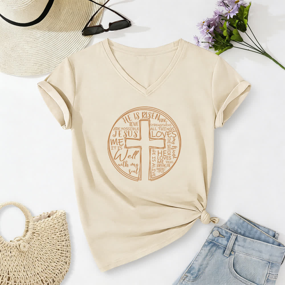 Christianartworkshop Damen-T-Shirt mit V-Ausschnitt und Kreuz- und Kreismotiv aus weicher Baumwolle - Beige - 2XL - image 2