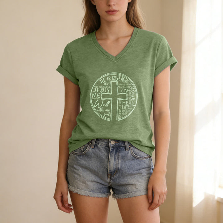 Christianartworkshop Damen-T-Shirt mit V-Ausschnitt und Kreuz- und Kreismotiv aus weicher Baumwolle - image 9