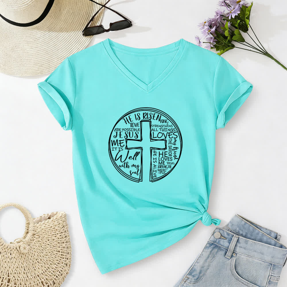 Christianartworkshop Damen-T-Shirt mit V-Ausschnitt und Kreuz- und Kreismotiv aus weicher Baumwolle - Blau - 2XL - image 0