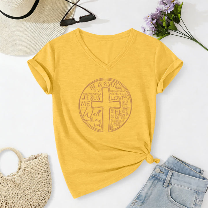 Christianartworkshop Damen-T-Shirt mit V-Ausschnitt und Kreuz- und Kreismotiv aus weicher Baumwolle - Gelb - 2XL - image 24