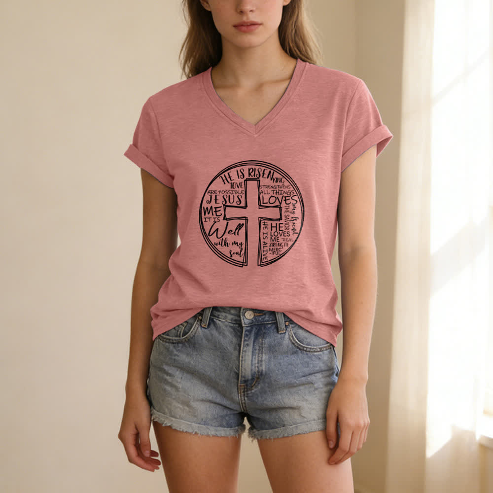 Christianartworkshop Damen-T-Shirt mit V-Ausschnitt und Kreuz- und Kreismotiv aus weicher Baumwolle - image 21