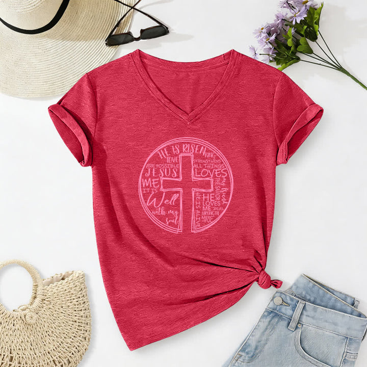Christianartworkshop Damen-T-Shirt mit V-Ausschnitt und Kreuz- und Kreismotiv aus weicher Baumwolle - Rot - 2XL - image 16