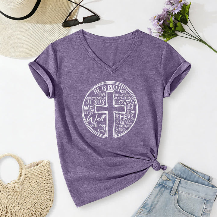 Christianartworkshop Damen-T-Shirt mit V-Ausschnitt und Kreuz- und Kreismotiv aus weicher Baumwolle - Lila - 2XL - image 18