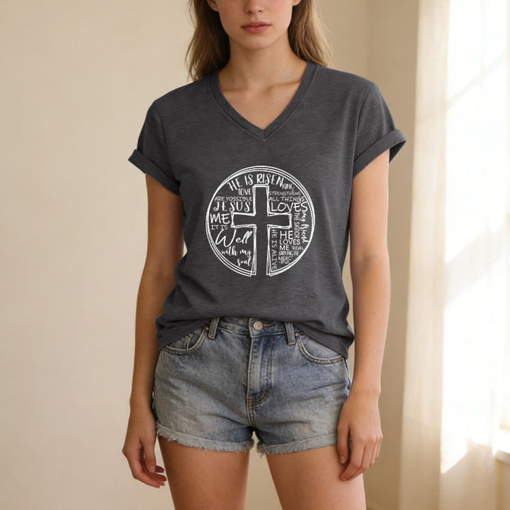 Christianartworkshop Damen-T-Shirt mit V-Ausschnitt und Kreuz- und Kreismotiv aus weicher Baumwolle - image 7