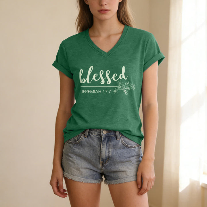 Christianartworkshop Gesegneter Jeremia 17:7 Blumenmuster Marineblaues Damen-T-Shirt mit V-Ausschnitt - image 11