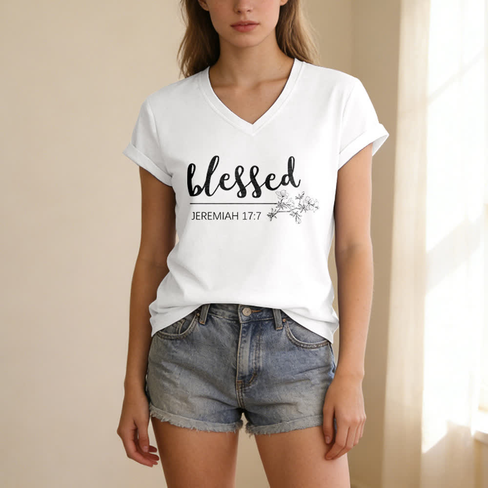 Christianartworkshop Gesegneter Jeremia 17:7 Blumenmuster Marineblaues Damen-T-Shirt mit V-Ausschnitt - image 5