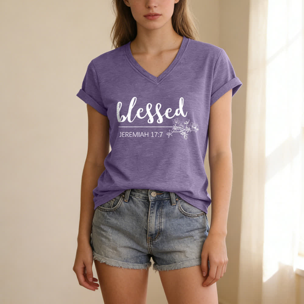 Christianartworkshop Gesegneter Jeremia 17:7 Blumenmuster Marineblaues Damen-T-Shirt mit V-Ausschnitt - image 17