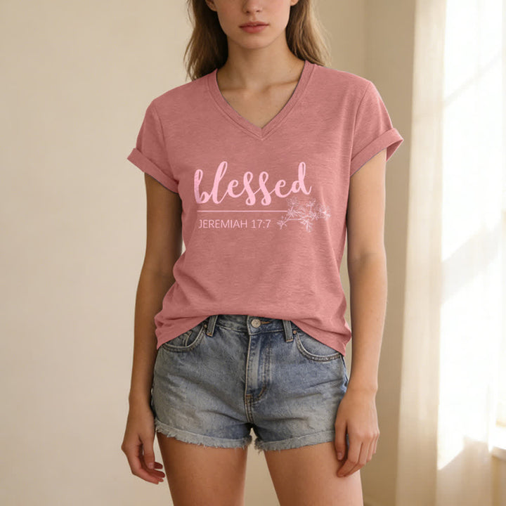 Christianartworkshop Gesegneter Jeremia 17:7 Blumenmuster Marineblaues Damen-T-Shirt mit V-Ausschnitt - image 19