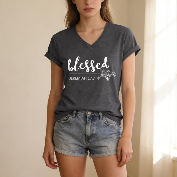 Christianartworkshop Gesegneter Jeremia 17:7 Blumenmuster Marineblaues Damen-T-Shirt mit V-Ausschnitt - image 7