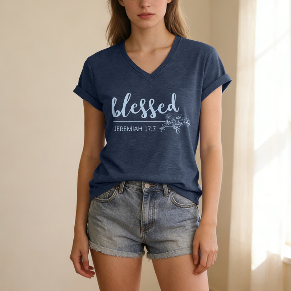Christianartworkshop Gesegneter Jeremia 17:7 Blumenmuster Marineblaues Damen-T-Shirt mit V-Ausschnitt - image 1