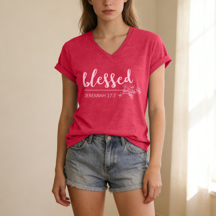 Christianartworkshop Gesegneter Jeremia 17:7 Blumenmuster Marineblaues Damen-T-Shirt mit V-Ausschnitt - Rosa - 2XL - image 15