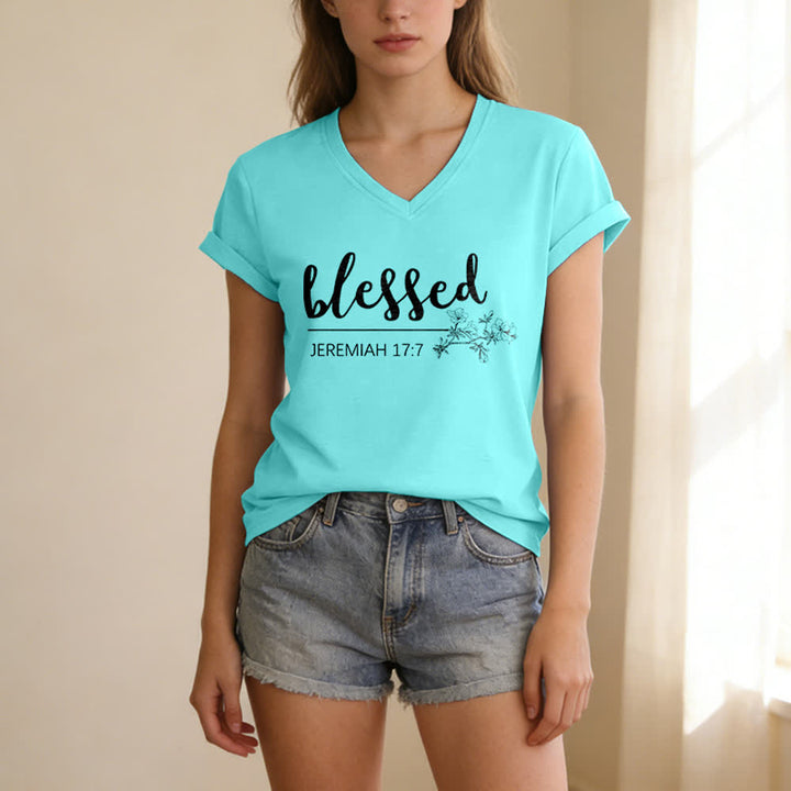 Christianartworkshop Gesegneter Jeremia 17:7 Blumenmuster Marineblaues Damen-T-Shirt mit V-Ausschnitt - image 21