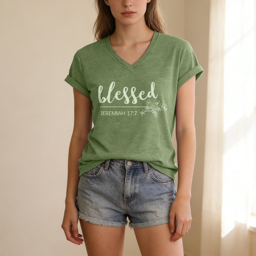 Christianartworkshop Gesegneter Jeremia 17:7 Blumenmuster Marineblaues Damen-T-Shirt mit V-Ausschnitt - image 9