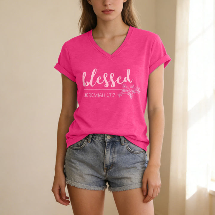 Christianartworkshop Gesegneter Jeremia 17:7 Blumenmuster Marineblaues Damen-T-Shirt mit V-Ausschnitt - image 23