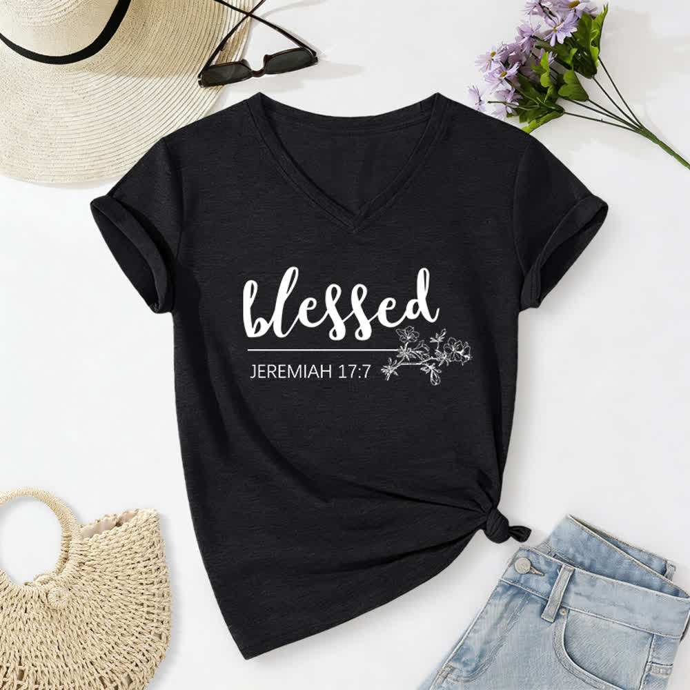 Christianartworkshop Gesegneter Jeremia 17:7 Blumenmuster Marineblaues Damen-T-Shirt mit V-Ausschnitt - Schwarz - 2XL - image 12