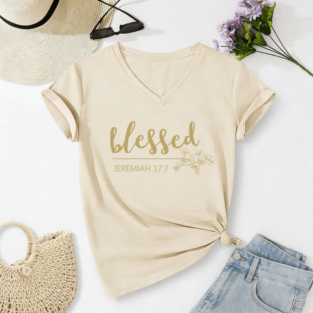 Christianartworkshop Gesegneter Jeremia 17:7 Blumenmuster Marineblaues Damen-T-Shirt mit V-Ausschnitt - Beige - 2XL - image 2