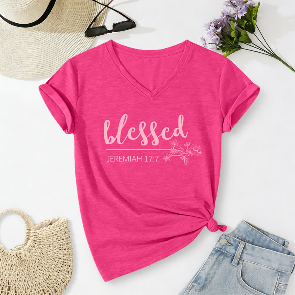 Christianartworkshop Gesegneter Jeremia 17:7 Blumenmuster Marineblaues Damen-T-Shirt mit V-Ausschnitt - image 22