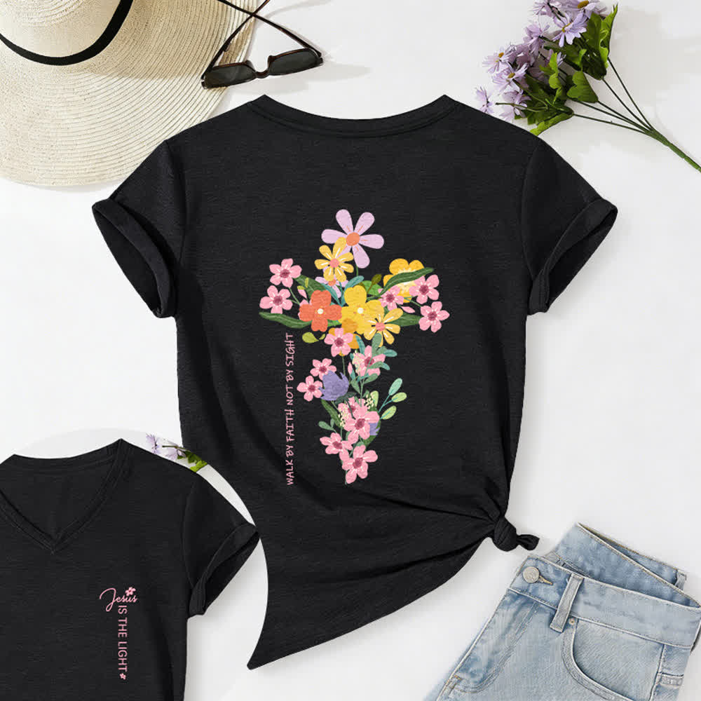 Christianartworkshop Doppelseitiges T-Shirt mit Blumenmuster und V-Ausschnitt: „Jesus ist das Licht – Wandelt im Glauben, nicht im Sehen“. - Schwarz - 2XL - image 24