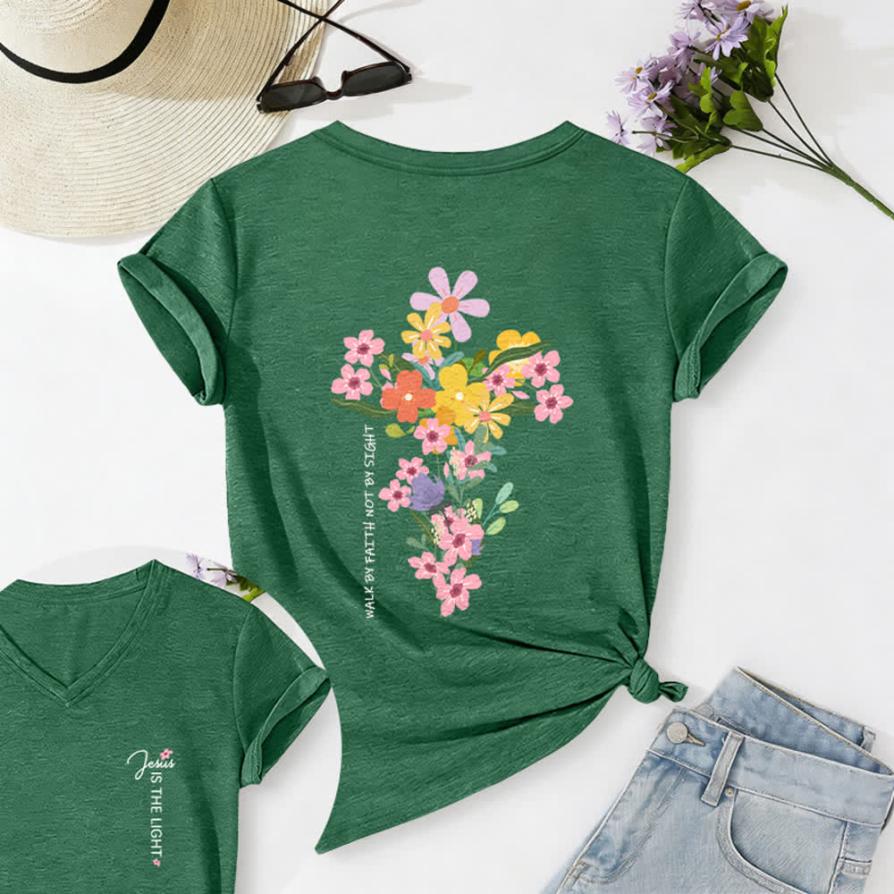 Christianartworkshop Doppelseitiges T-Shirt mit Blumenmuster und V-Ausschnitt: „Jesus ist das Licht – Wandelt im Glauben, nicht im Sehen“. - Olivgrün - 2XL - image 20