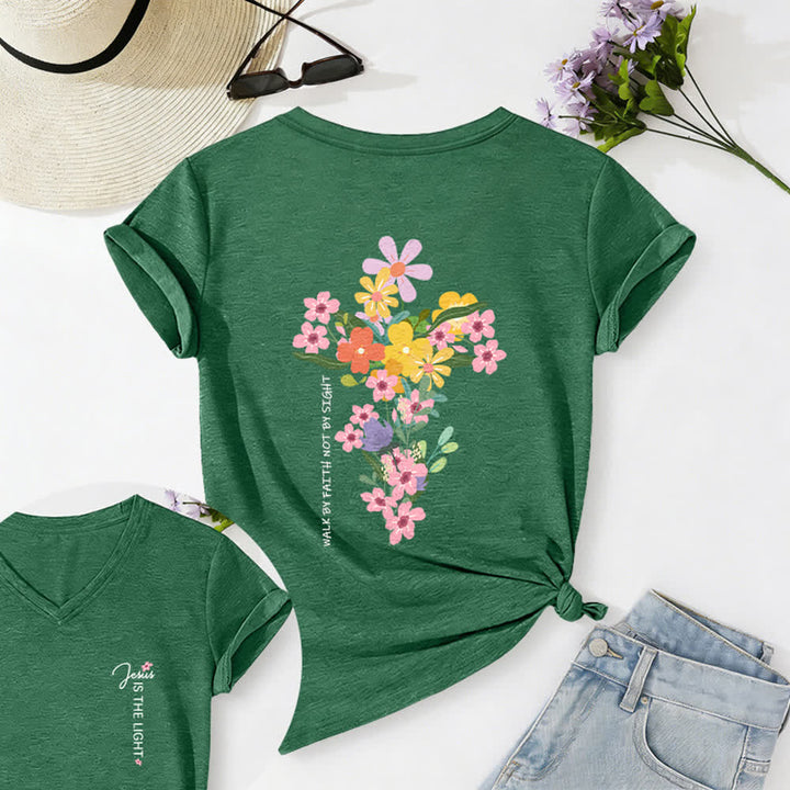 Christianartworkshop Doppelseitiges T-Shirt mit Blumenmuster und V-Ausschnitt: „Jesus ist das Licht – Wandelt im Glauben, nicht im Sehen“. - Olivgrün - 2XL - image 20
