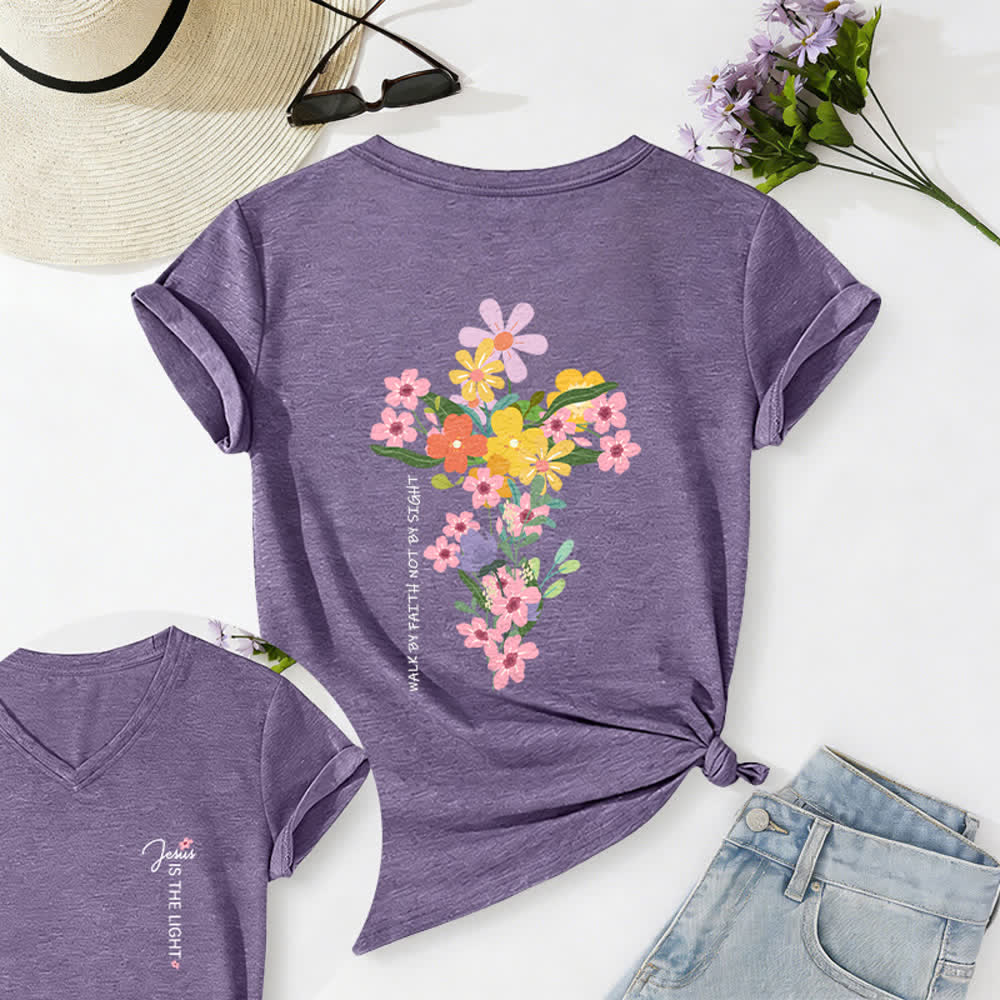 Christianartworkshop Doppelseitiges T-Shirt mit Blumenmuster und V-Ausschnitt: „Jesus ist das Licht – Wandelt im Glauben, nicht im Sehen“. - Lila - 2XL - image 32