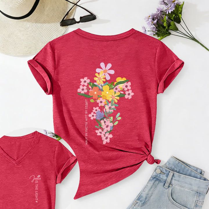 Christianartworkshop Doppelseitiges T-Shirt mit Blumenmuster und V-Ausschnitt: „Jesus ist das Licht – Wandelt im Glauben, nicht im Sehen“. - Rot - 2XL - image 28