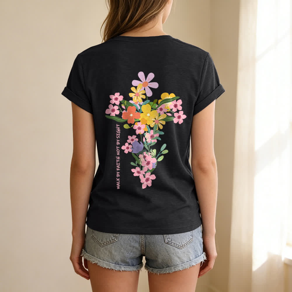 Christianartworkshop Doppelseitiges T-Shirt mit Blumenmuster und V-Ausschnitt: „Jesus ist das Licht – Wandelt im Glauben, nicht im Sehen“. - image 26