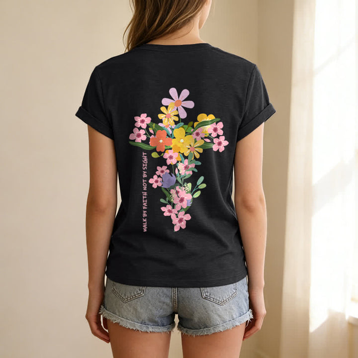 Christianartworkshop Doppelseitiges T-Shirt mit Blumenmuster und V-Ausschnitt: „Jesus ist das Licht – Wandelt im Glauben, nicht im Sehen“. - image 26