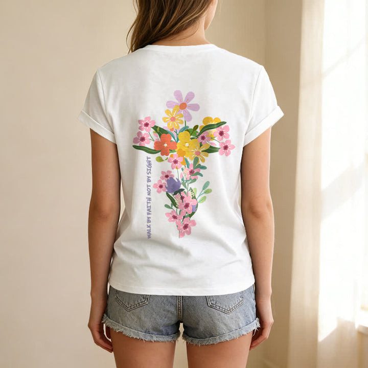 Christianartworkshop Doppelseitiges T-Shirt mit Blumenmuster und V-Ausschnitt: „Jesus ist das Licht – Wandelt im Glauben, nicht im Sehen“. - image 6