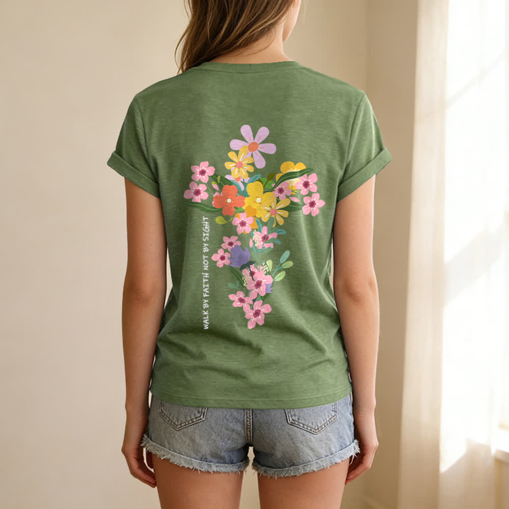 Christianartworkshop Doppelseitiges T-Shirt mit Blumenmuster und V-Ausschnitt: „Jesus ist das Licht – Wandelt im Glauben, nicht im Sehen“. - image 14
