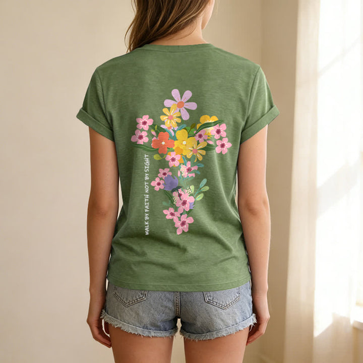 Christianartworkshop Doppelseitiges T-Shirt mit Blumenmuster und V-Ausschnitt: „Jesus ist das Licht – Wandelt im Glauben, nicht im Sehen“. - image 14