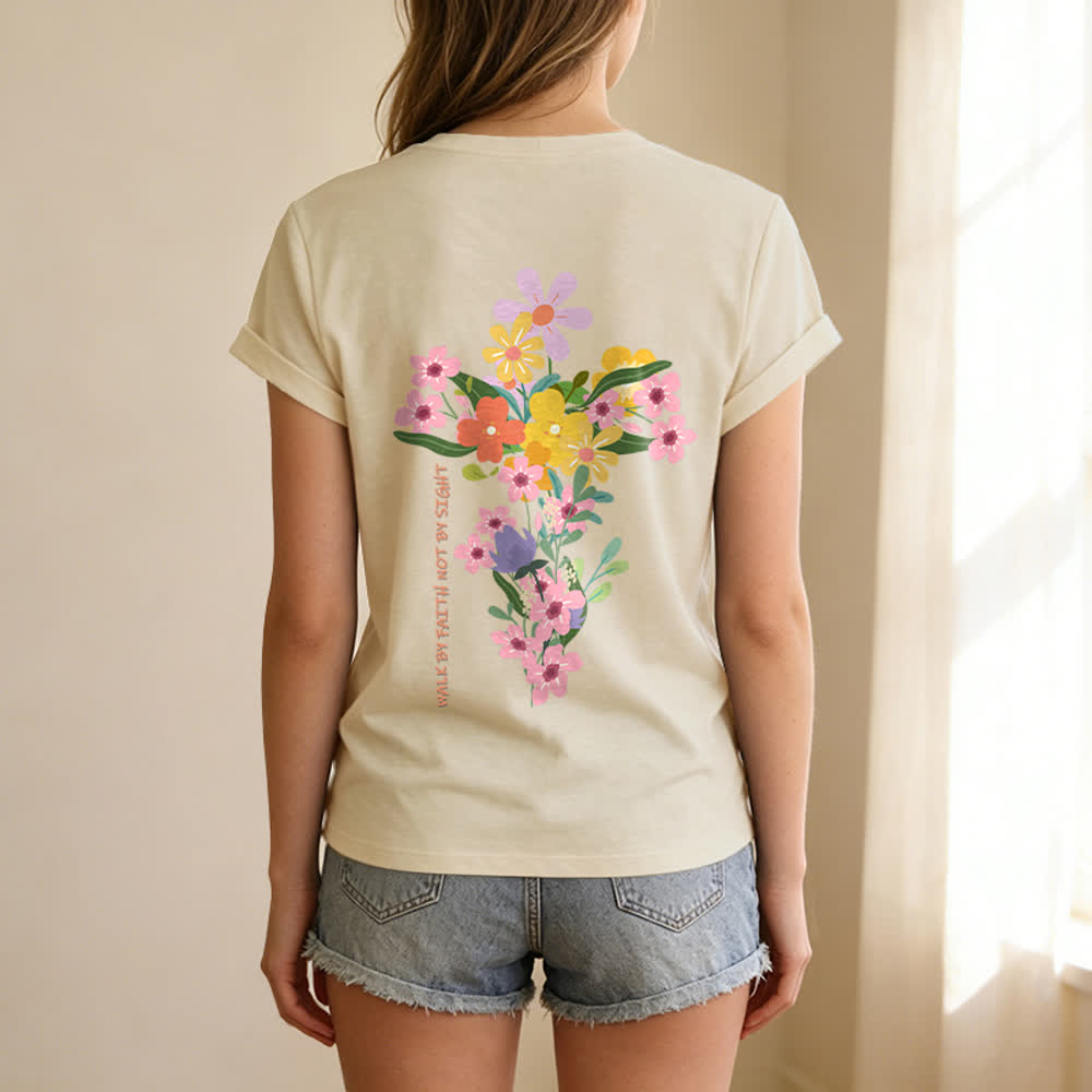 Christianartworkshop Doppelseitiges T-Shirt mit Blumenmuster und V-Ausschnitt: „Jesus ist das Licht – Wandelt im Glauben, nicht im Sehen“. - image 2