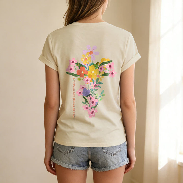 Christianartworkshop Doppelseitiges T-Shirt mit Blumenmuster und V-Ausschnitt: „Jesus ist das Licht – Wandelt im Glauben, nicht im Sehen“. - image 2
