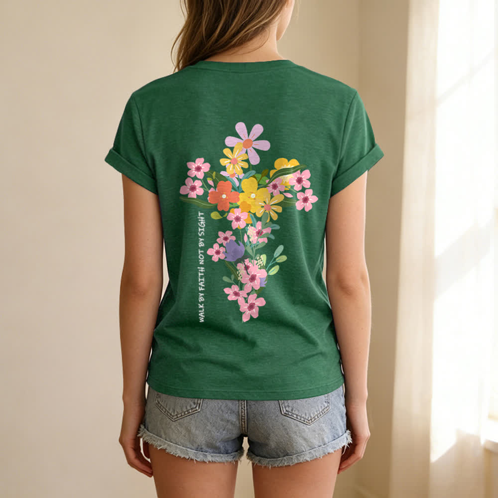 Christianartworkshop Doppelseitiges T-Shirt mit Blumenmuster und V-Ausschnitt: „Jesus ist das Licht – Wandelt im Glauben, nicht im Sehen“. - image 22