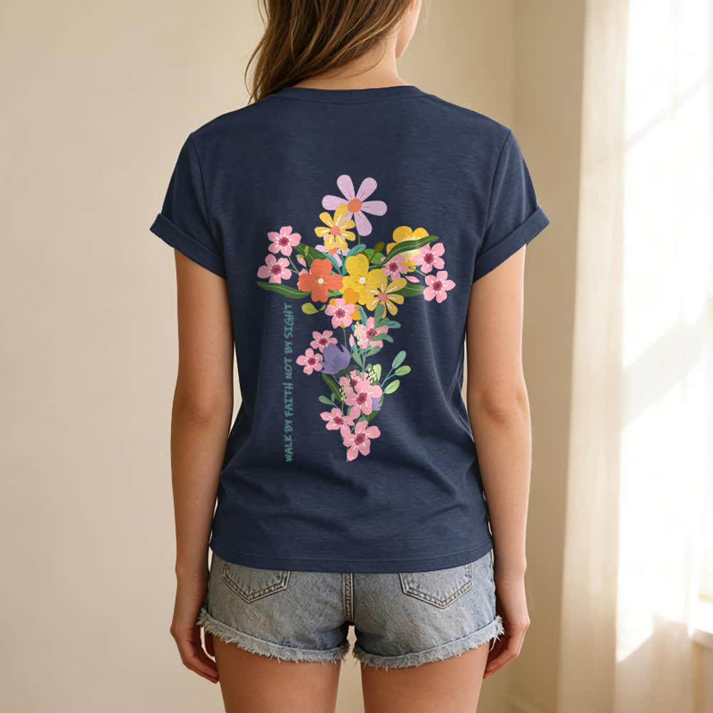 Christianartworkshop Doppelseitiges T-Shirt mit Blumenmuster und V-Ausschnitt: „Jesus ist das Licht – Wandelt im Glauben, nicht im Sehen“. - image 18
